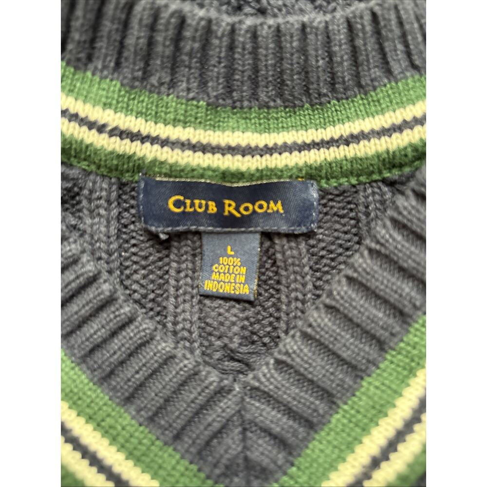 Club Room Sweater Vest Mens Large Cable Knit Navy Blue Cotton Logo Academia Golf - Picture 8 of 9